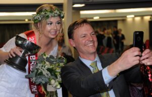 Selfie time with 2016 Bride of the Year winner Sara Atkins and judge Alastair Scott, Wairarapa MP. PHOTO/SUE NIKOLAISON