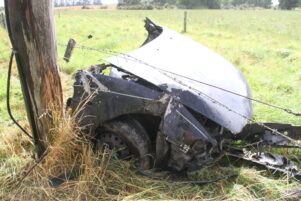  Pictured is the front half of the car beside the power pole. PHOTO/ANDREW BONALLACK