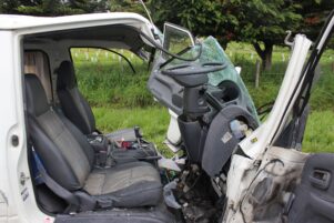 A driver was cut from this crashed van on Friday. PHOTO/EMILY NORMAN