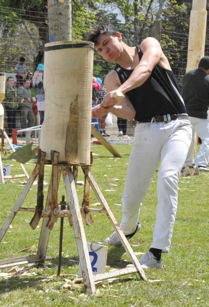 Quintin Fawcett, of Masterton, wins his heat of the Ted Ferguson Memorial wood chopping event. PHOTO/CHRIS KILFORD