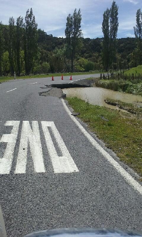 Heavy rain in Wairarapa overnight on Monday caused significant damage to White Rock Rd, South Wairarapa. PHOTO/SUPPLIED