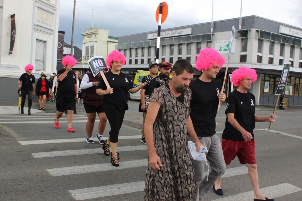 Masterton District Council staff wore bright pink wigs for the walk. PHOTO/EMILY NORMAN