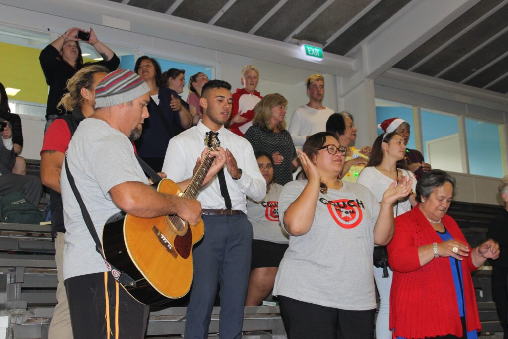 Members of The Church of Jesus Christ of Latter Day Saints and friends provide musical entertainment for guests. From left, Ben, Tuakana, and Kiri Riwai Couch, and Paremo Matthews. PHOTO/EMILY NORMAN