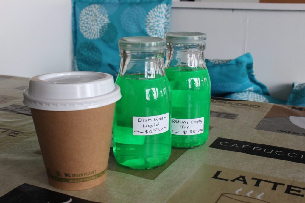 Dish washing liquid is sold in jars now. Biodegradable coffee cups have also been phased in. PHOTO/EMILY NORMAN