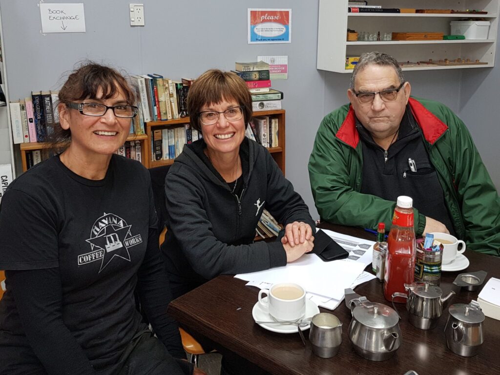 Petition organisers Sue Sullivan, Jill Greathead and Richard Dahlberg met up on Monday to coordinate their efforts. PHOTO/SUPPLIED