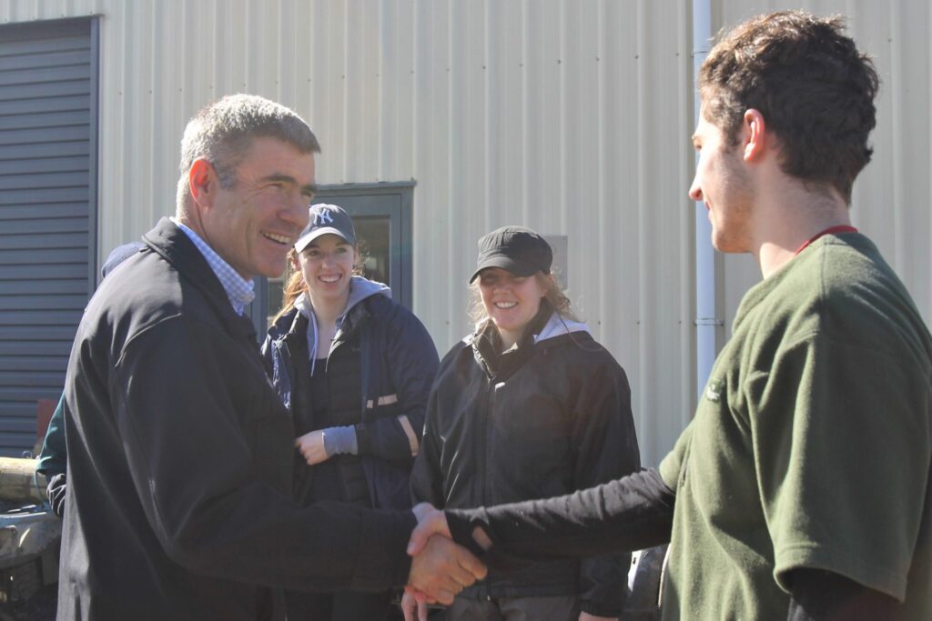 National MP for Otaki Nathan Guy meets first year veterinary student Con TenCate. 