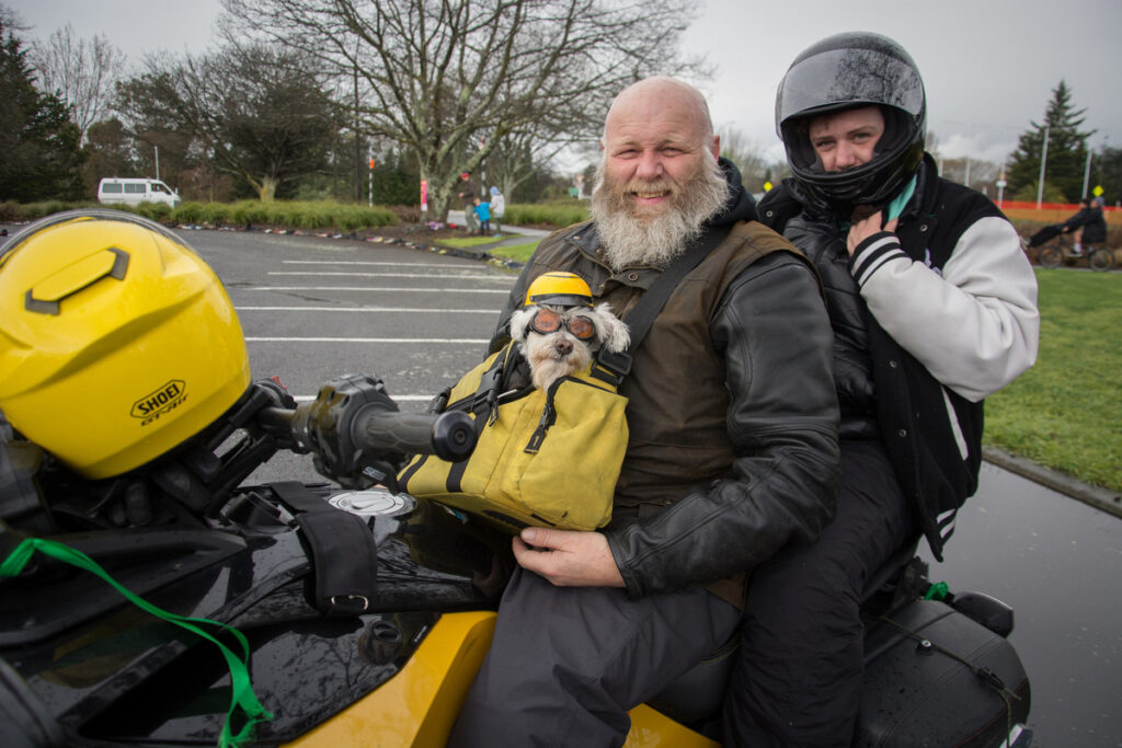 Craig Mclean from Rotorua with his dog, Ziggy Spider Rider, and Jess Smaling from Wainuiomata. PHOTO/JADE CVETKOV