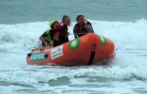 Kate Sims (left) crews in the Inflatable Rescue Boat (IRB) with driver Anna Hermannson of Wellington. PHOTO/SUPPLIED