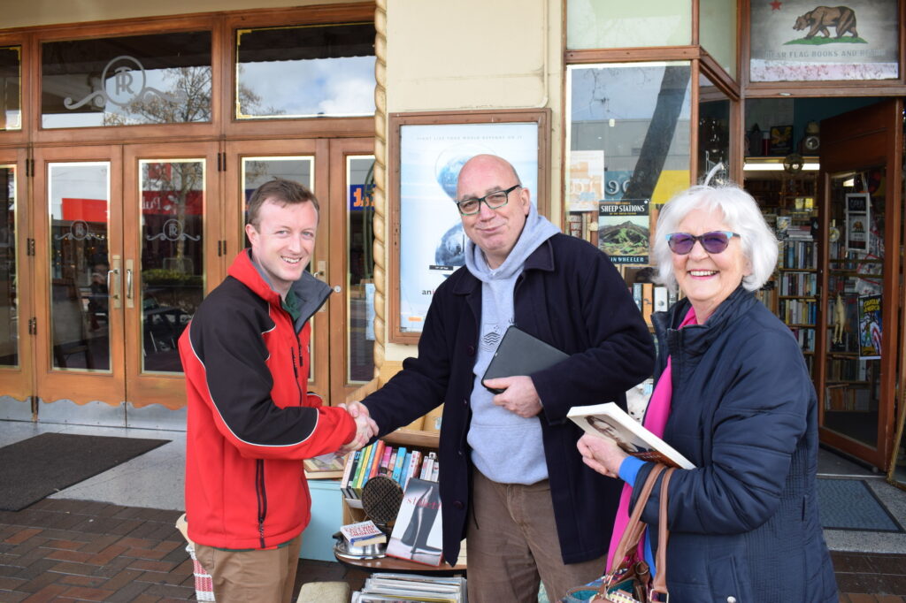 On the campaign trail, Kieran McAnulty meets Chris Eichbaum and Pam Horncy on Queen St in Masterton yesterday. PHOTO/BECKIE WILSON