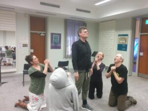 A rehearsal action shot: Begging Count Almaviva (Craig Beardsworth) to forgive his wife for her indiscreet behaviour. PHOTO/SUPPLIED