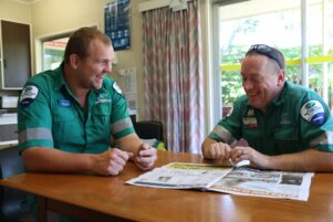 WFA Wairarapa area manager Nigel Watson and paramedic Al Bealing make the most of their down time doing the daily quiz.