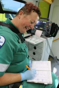 Intensive Care Paramedic Anne Meyer updates the controlled drug inventory.