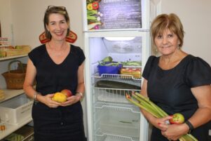 Roz Walker, left, and Pam Shackleton at the community larder, based at Martinborough Health Centre on Oxford St. PHOTO/HAYLEY GASTMEIER